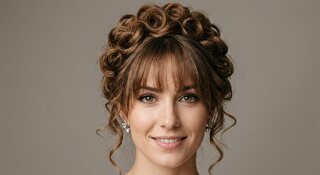 Завитая прическа-пучок с челкой, обрамляющей лицо